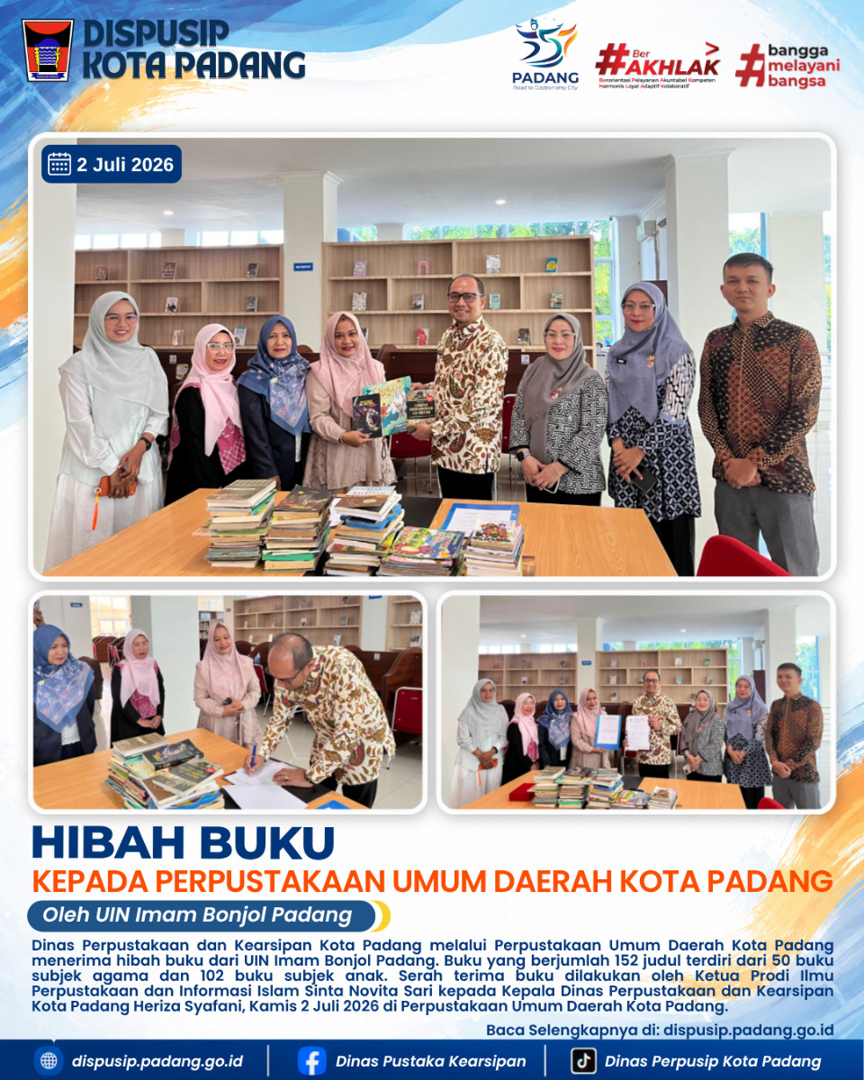 Sinergi untuk Literasi: UIN Imam Bonjol Padang Hibahkan Ratusan Buku Agama dan Anak ke Perpustakaan Umum Daerah Kota Padang