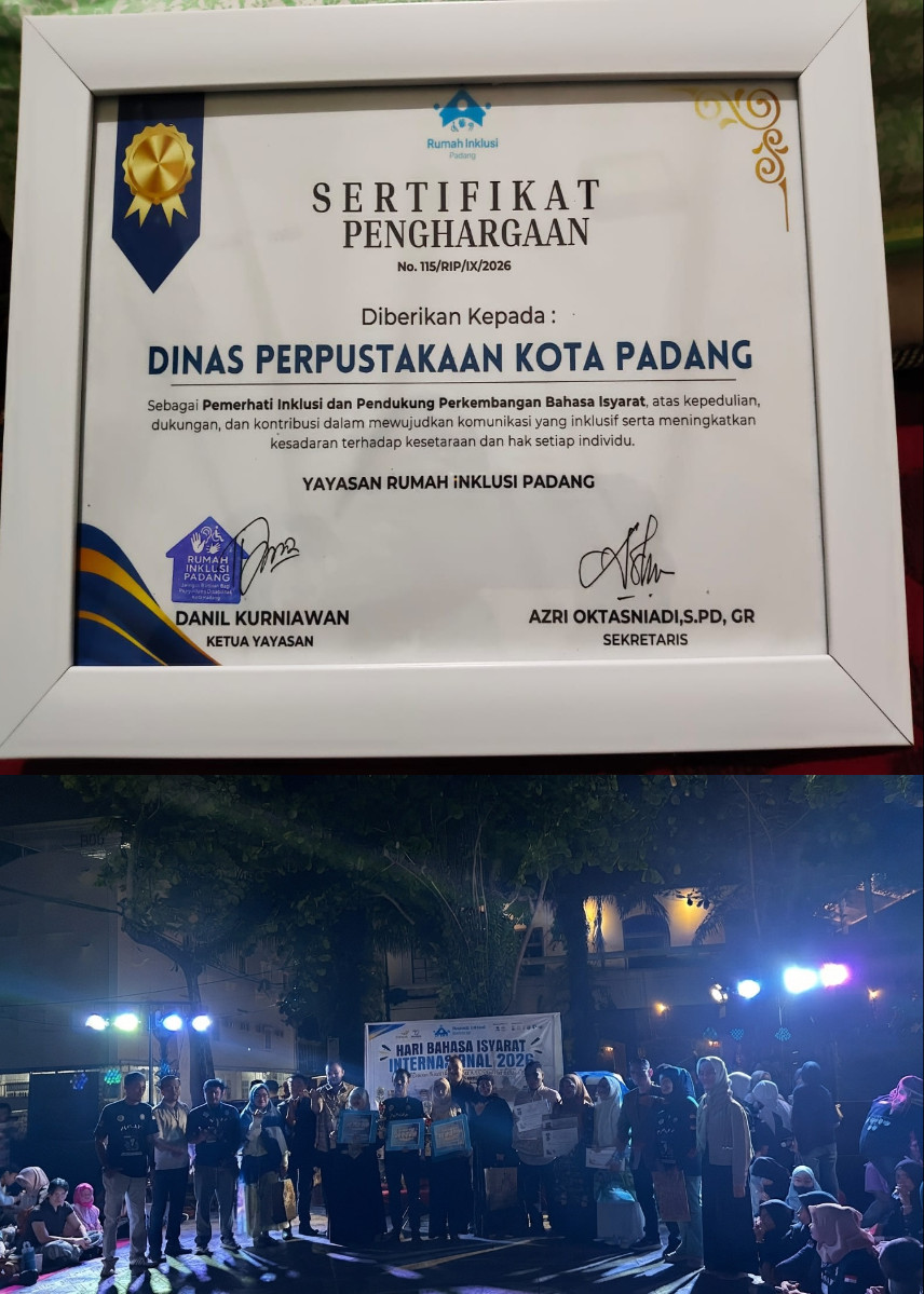 DISPUSIP KOTA PADANG TERIMA PENGHARGAAN SEBAGAI PEMERHATI DISABILITAS